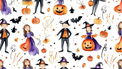 Obraz premium Halloween pattern, boys and girls in Halloween costumes, pumpkins, bats and ghosts on a white background, Halloween wallpaper or background