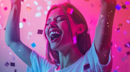 Photo of ecstatic lady shout loud yeah fist up raise win lottery isolated bright shine color background