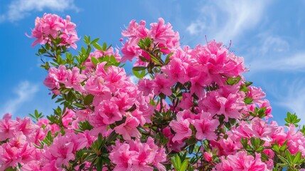 Obraz premium Blooming dark pink azalea flowers under the sunny sky