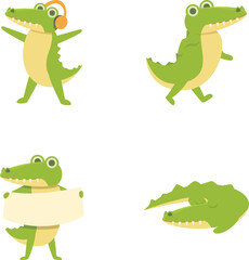 Cartoon crocodile icons set cartoon vector. Funny green crocodile. Animal character