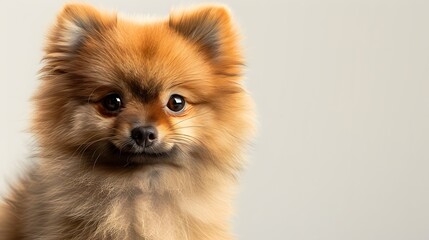 Obraz premium Beautiful playful Spitz dog lies on a light background with copy space. Looking at the camera.