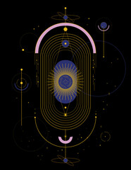 Composition of esoteric, occult, alchemical and boho symbols on a black background. Magic poster with sun, moon and stars. 