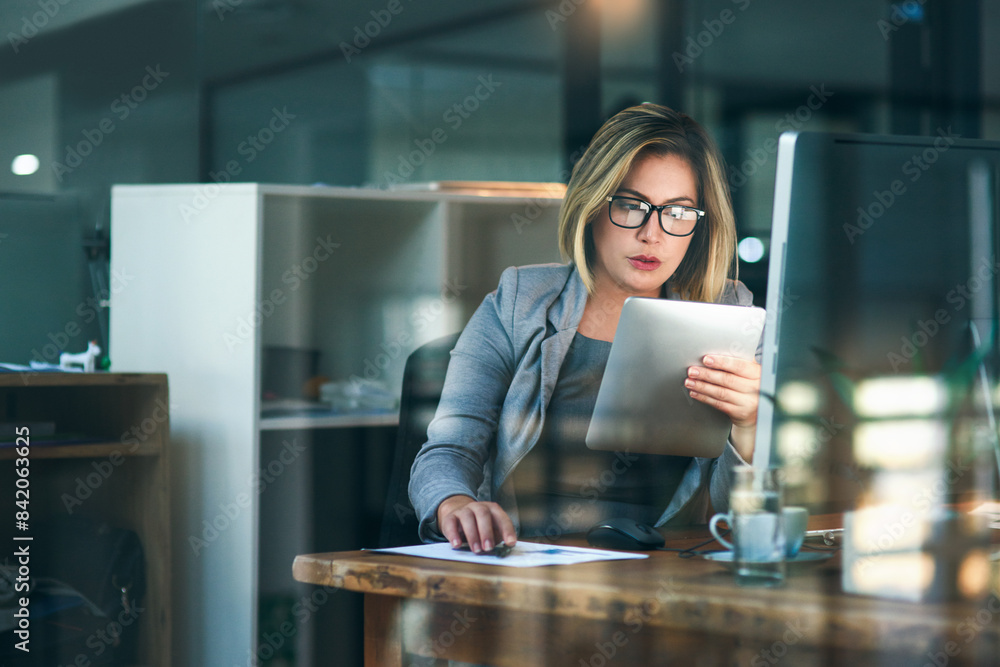 Poster Woman, office and computer with reading on tablet for email or deadline as project manager in web agency. Female person, business and workplace on tech for planning, ideas as professional for company