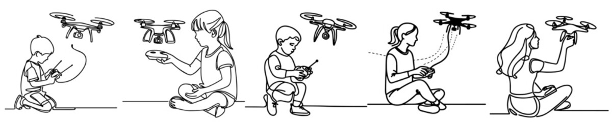  continuous line drawings of kid playing drone