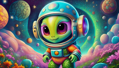 oil painting style cartoon character alien Cosmonaut in space suit in outer space