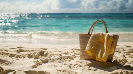 Straw bag and yellow towel on summer beach background
