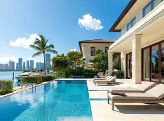 Beautiful Miami home with pool and city skyline view, shot from the backyard of luxury mansion in the style of Cape Rock on B neutral colors