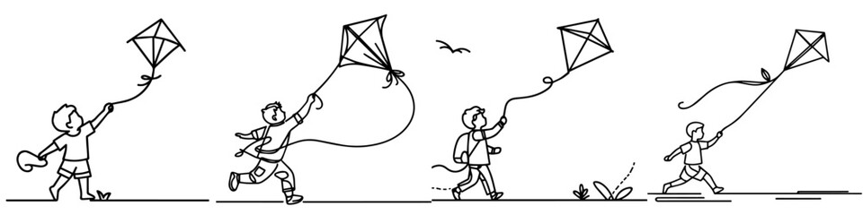 vector set of continuous line drawings of kid playing kites