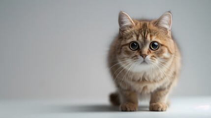 Beautiful munchkin kitty on a plain background looking at the camera.