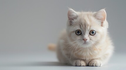 Beautiful munchkin kitty on a plain background looking at the camera.