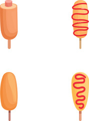 Corndog icons set cartoon vector. Sausage in dough on stick. Korean street food