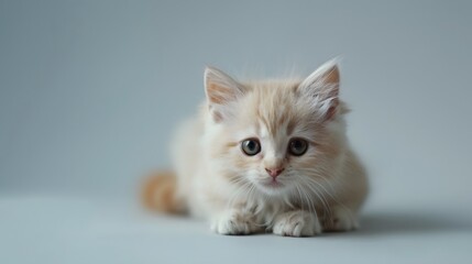 Beautiful munchkin kitty on a plain background looking at the camera.