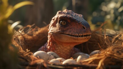 Obraz premium Dinosaur in nestle in forest in prehistoric environment. Photorealistic.
