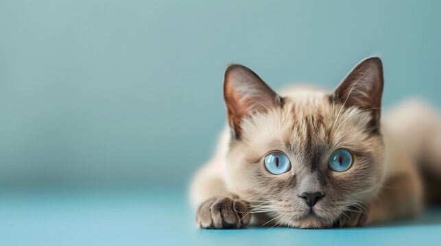 Close-up portrait of cute Burmese cat with bright blue eyes lies on pale blue background.
