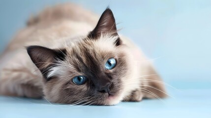 Close-up portrait of cute Burmese cat with bright blue eyes lies on pale blue background.