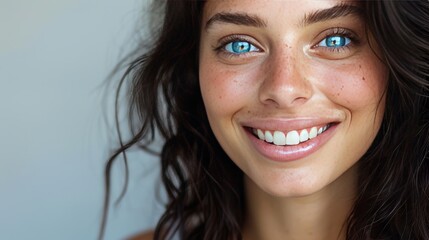 Portrait of pretty woman dark hair, blue eyes. Natural smile. smiling beautiful
