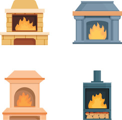 Fireplace icons set cartoon vector. House fireplace with firewood flame. Open fire source
