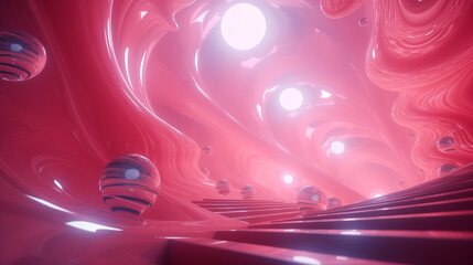 A room from virtual reality. Conceptual surreal gaming industry background. Glossy pink underground shapes with steps and balls.