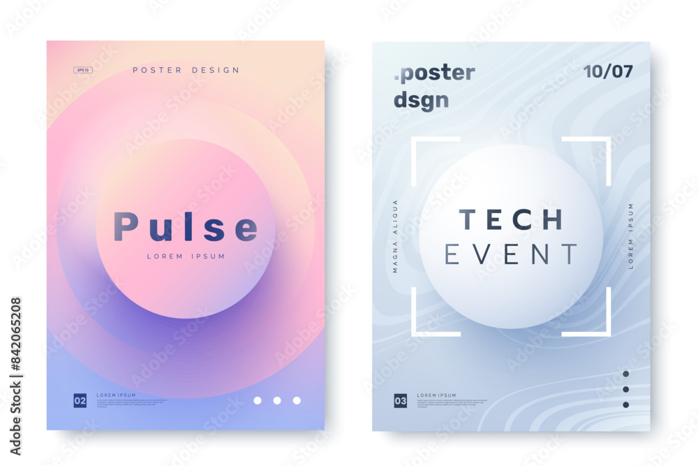 Poster Modern poster design with gradient round sphere in the center. Colorful gradient banner design with place for text. 3d style. Ideal for tech event invitation, ad, cover.