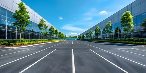 Photo of a big corporate office building and spacious parking lot. Concept Corporate Office, Building Architecture, Parking Lot, Modern Design, Urban Landscape