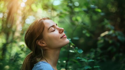 Profile of a relaxed woman breathing fresh air in a green forest 