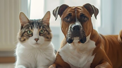 Obraz premium Dog and cat lying together on the floor and looking at the camera.