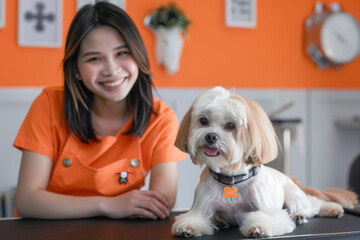 Smiling woman in orange uniform with a happy dog in a pet grooming salon..