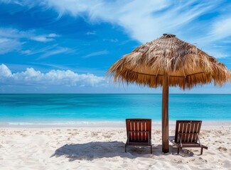 Beautiful tropical beach with bamboo lounge chairs and straw umbrella on white sand under a blue sky.