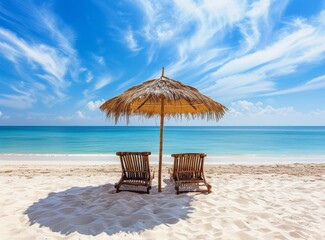 Beautiful tropical beach with bamboo lounge chairs and straw umbrella on white sand under a blue sky.