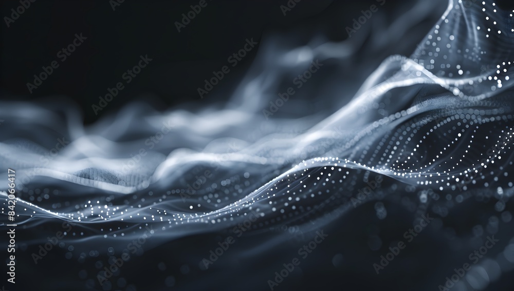 Poster 3d render of an abstract background with white dots and waves on a black background