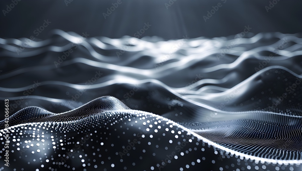 Poster abstract background with white dots and waves on black, 3d rendering of glowing abstract landscape