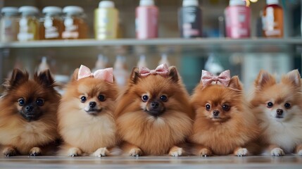 Pedigree Spitz dogs with bows on their heads after grooming against the backdrop of shelves with...