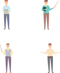 School teacher icons set cartoon vector. Male teacher conducting lesson. Education, training