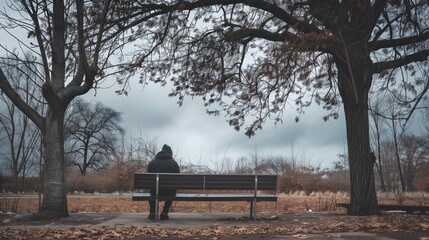 Lone Person Sitting on Park Bench in Overcast Autumn Day