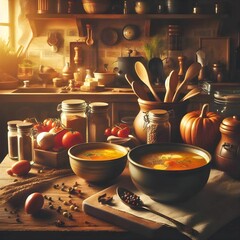 A kitchen in the farmhouse style with soup and spices on the countertop, warm light, shallow depth of field 