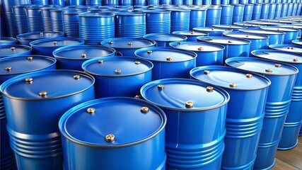 A large collection of blue barrels in a storage facility, ideal for industrial logistics or bulk storage promotions.