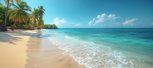Fototapeta premium Beautiful tropical beach with white sand and palm trees on a blurred blue sky background, depicting a summer vacation concept.