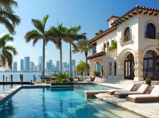 Beautiful view of the Miami city skyline from the pool and back patio area of an opulent house in the Renaissance style with white walls