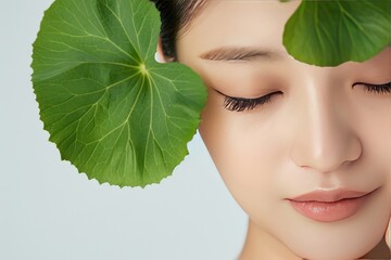 Centella asiatica leaves on a Korean woman's face on a white background close-up, banner for a Korean cosmetic product