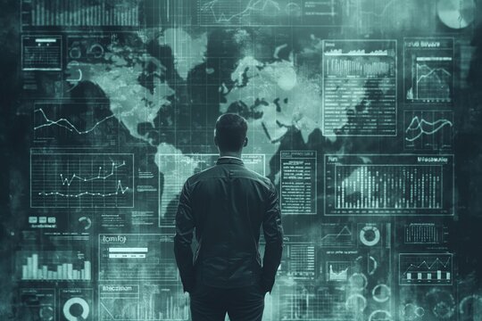 Silhouetted man with global data analytics