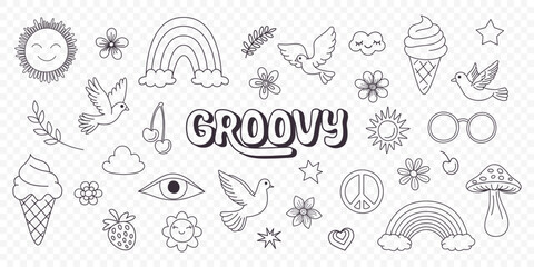 Vector Vintage Black and White Groovy Icons, Design Elements for Poster, Sticker Design. Retro Symbol in Hippie 70s Style, Mushroom, Flowers, Eye, Anti-War Peace Symbols. Vector Illustration