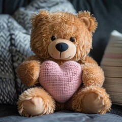 Obraz premium Adorable Illustration of a Bear Holding a Pink Heart - Perfect for Children’s Books, Greeting Cards, and Valentine’s Day Themes