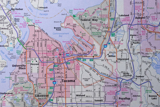 Road map of Tacoma, Washington and the surrounding area.
