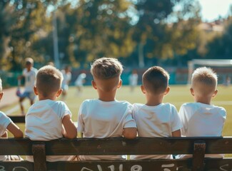 Children's soccer team sitting on the bench, in white T-shirts, boys playing football against each other at an outdoor stadium on a sunny day.