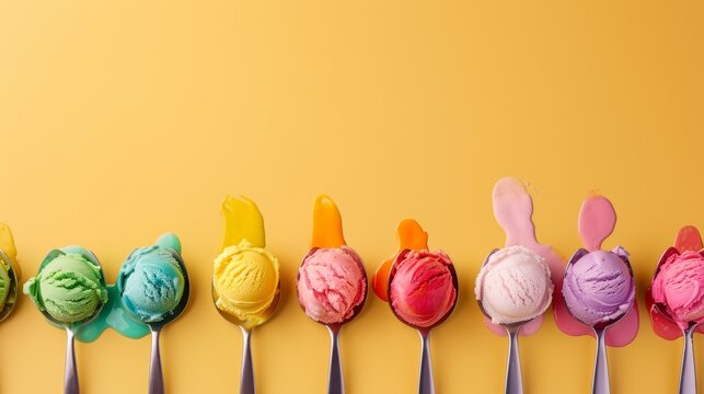 Joyful Indulgence, Multiple Spoons Taste Colorful Scoops from One Cone, with copy space for text