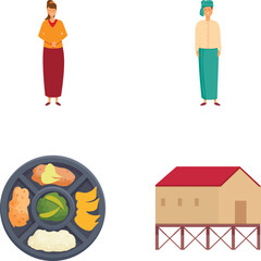 Burma icons set cartoon vector. Republic of union of myanmar. Southeast asia country