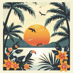 Vibrant Tropical Nature Scene - Exotic Birds and Lush Flora in a Seamless Pattern Design