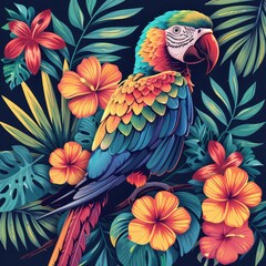 Fototapeta premium Vibrant Tropical Nature Scene - Exotic Birds and Lush Flora in a Seamless Pattern Design