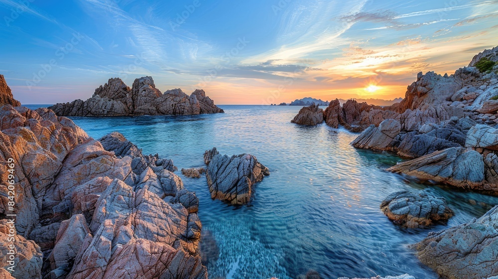 Wall mural calm ocean jagged rocks blue sky setting sun