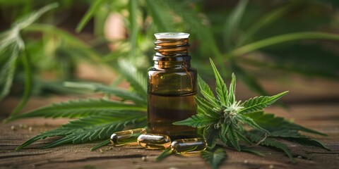 CBD oil in glass bottle extract from green cannabis plant leaf. Concept CBD oil, Glass bottle, Green cannabis plant, Extract, Health benefits